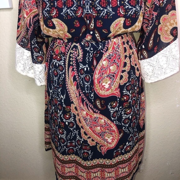 Flying Tomato Red & Blue Paisley Bell Sleeves Crochet Boho Dress Size Large - Picture 8 of 8